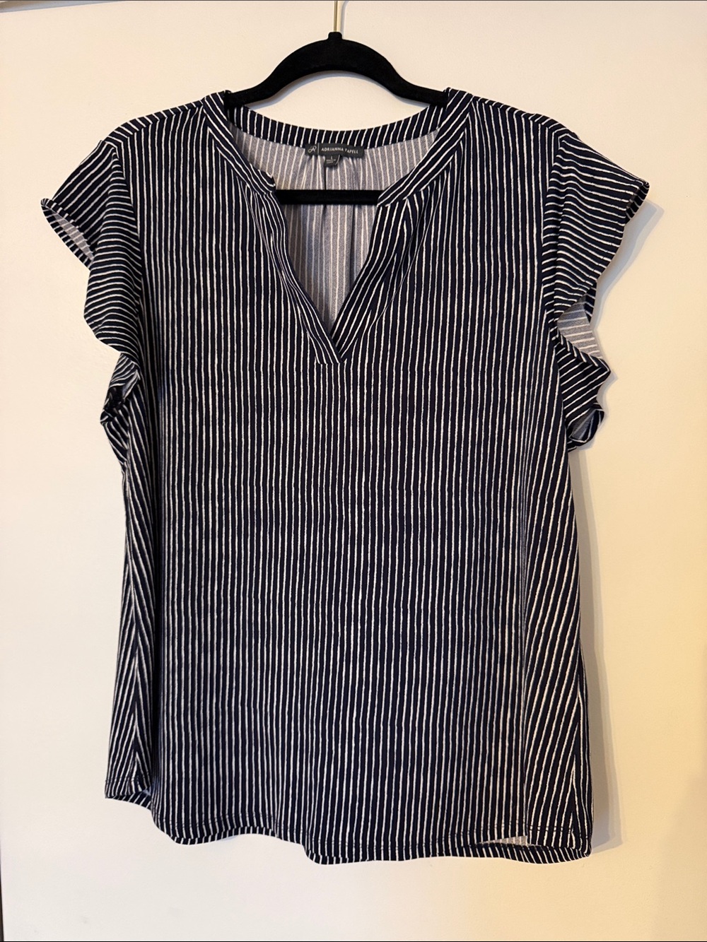 Adrianna Papell Navy & White Striped Split-Neck Cap Sleeve Blouse